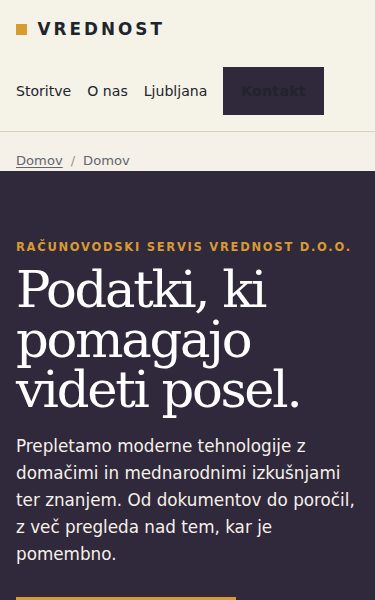 Zaslonska slika strani Vrednost, računovodski servis na telefonu