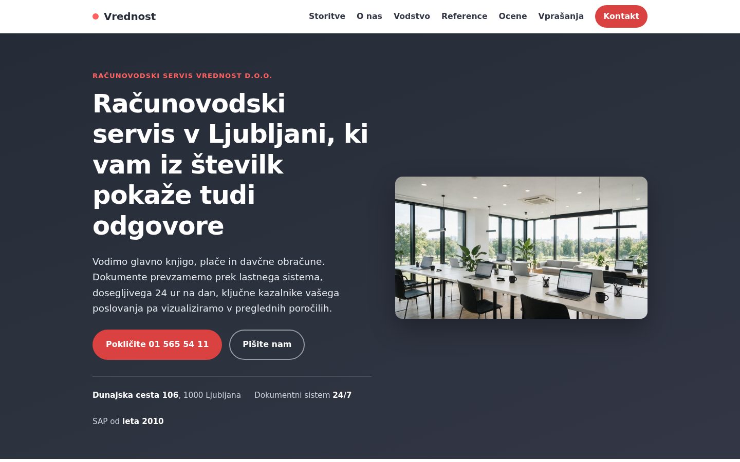 Zaslonska slika strani Vrednost, računovodske storitve na namizju