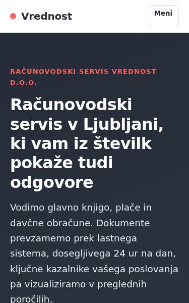 Zaslonska slika strani Vrednost, računovodske storitve na telefonu