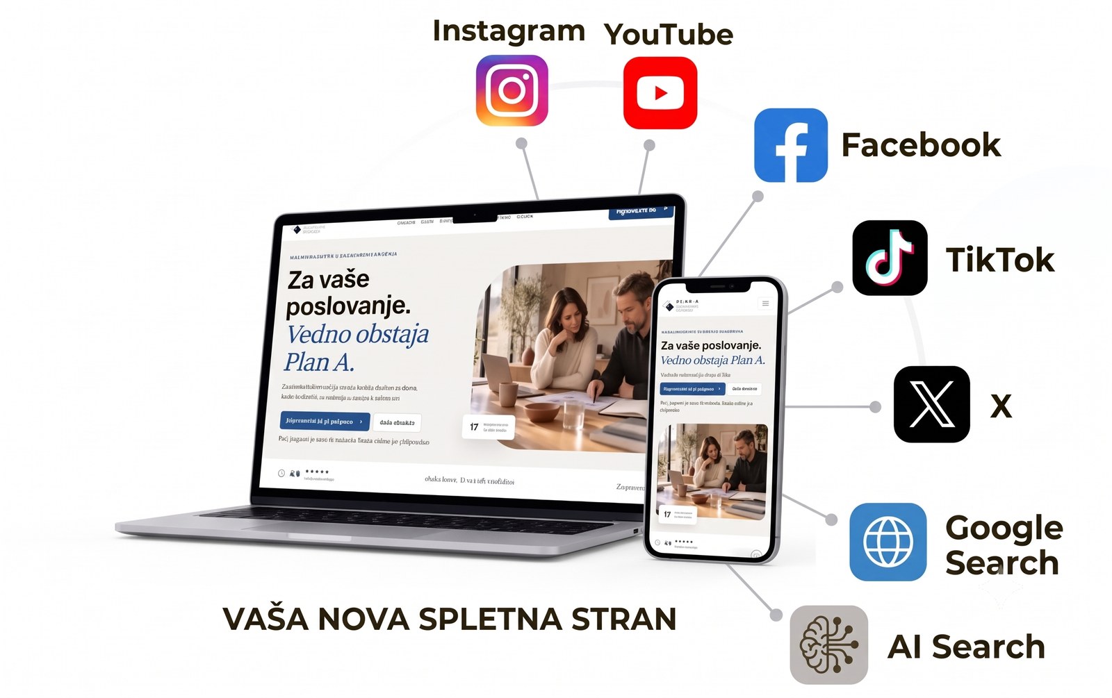 Vaša nova spletna stran, povezana z Instagramom, YouTubom, Facebookom, TikTokom, omrežjem X, Google iskanjem in AI iskanjem